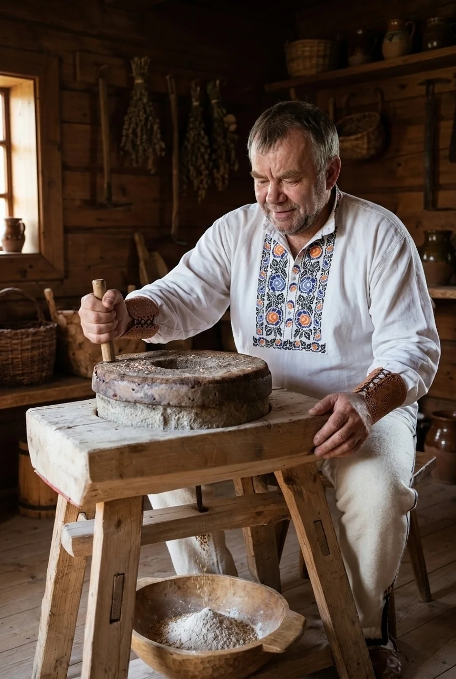 Gazda melie múku na žarnove a oblečenú má slovenskú vyšívanú košeľu